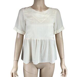 Lauren Moffatt Top Size‎ Small Silk Cream Peplum Blouse Embroidery Short Sleeves